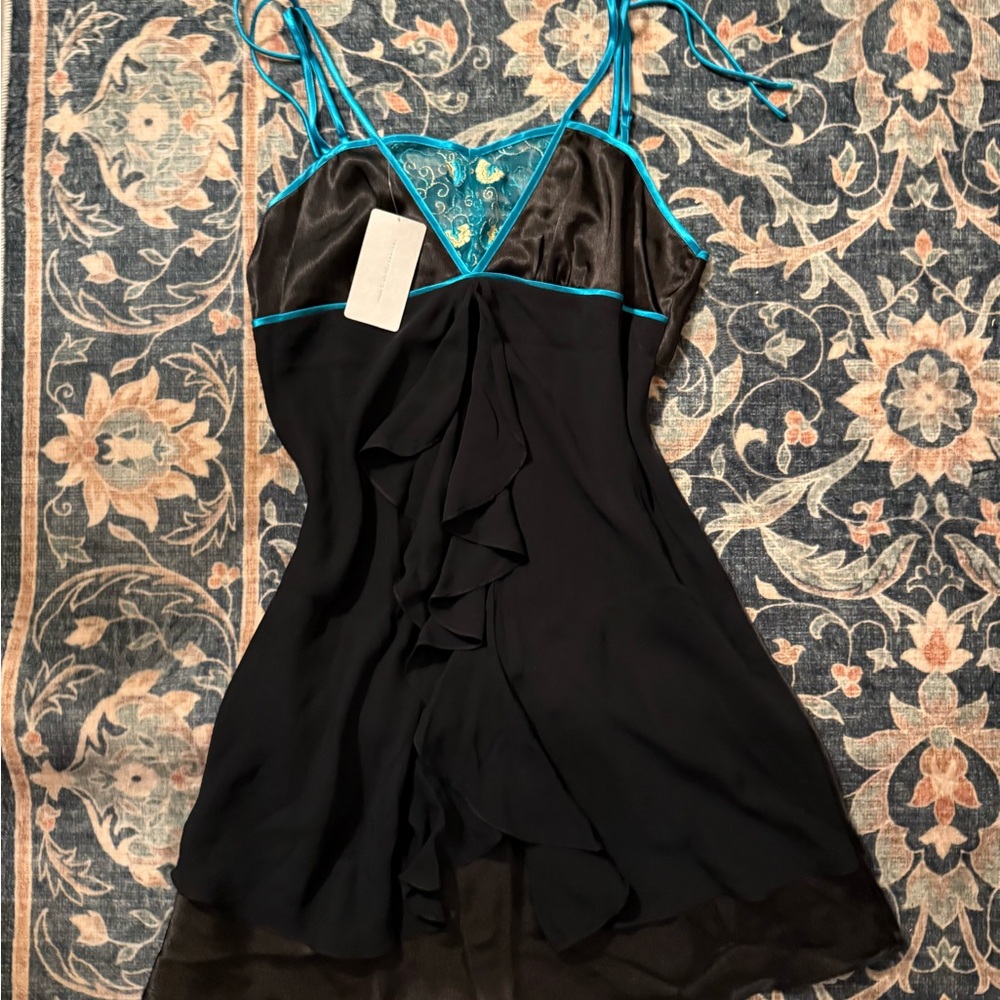 Elegant Black and Blue Lace Slip Dress